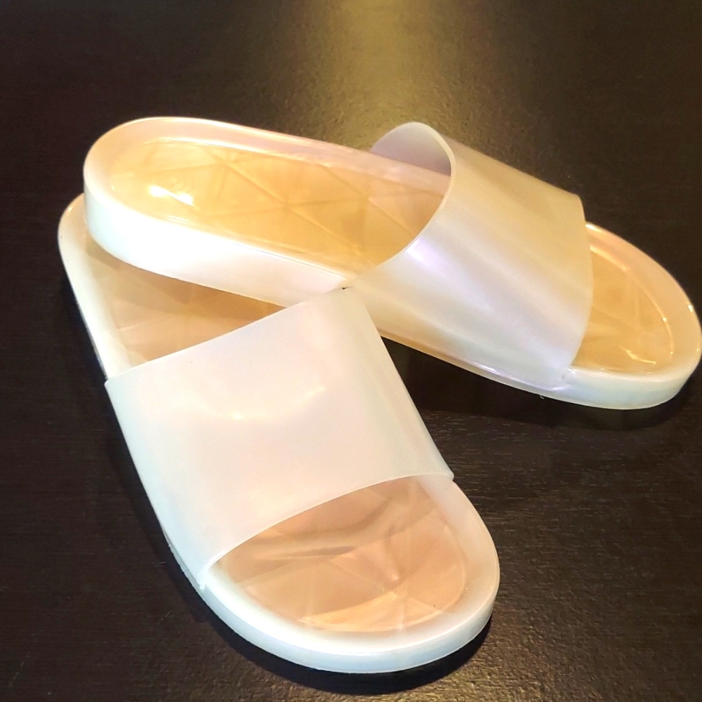 Pink Iridescent Jelly Summer Beach Resort Pool Slides Sandals 8.5